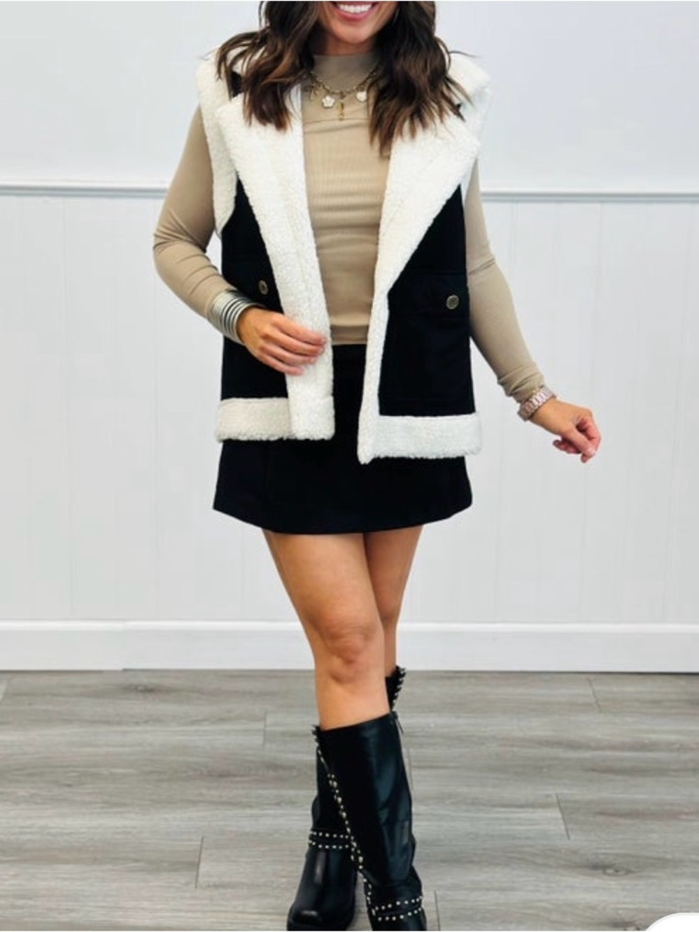 Black Vest with Cream Faux-Shearling Trim
